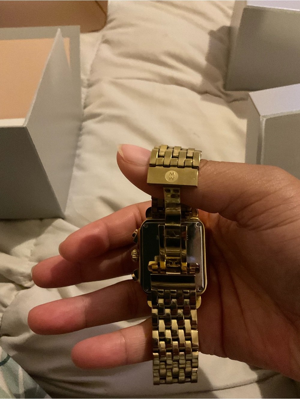 Michele Gold-Plated Square Watch with Mother-of-Pearl Dial and Diamonds - Picture 4 of 6